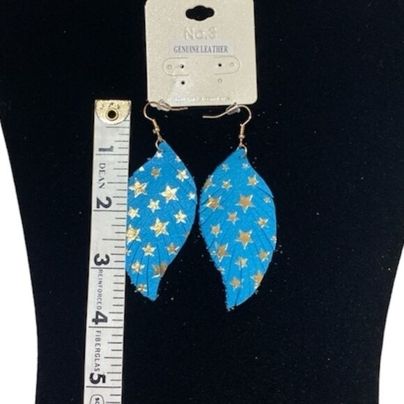 Gold Stars Turquoise Blue Leather Feather Earrings 3.5 Inches - Picture 3 of 6